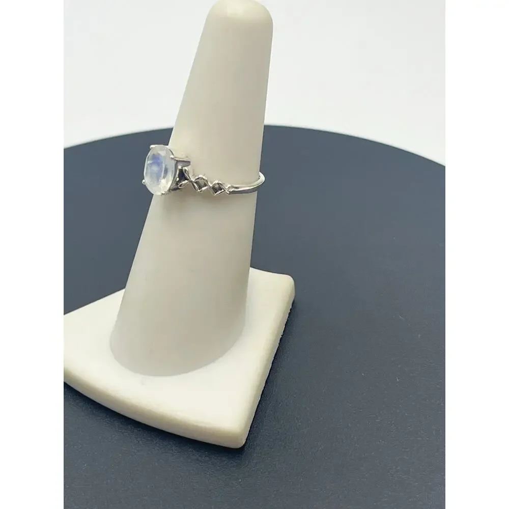 Rainbow Moonstone Oval Prong Set Side‎ Twist Detail Sterling Silver  Ring Sz 6.5